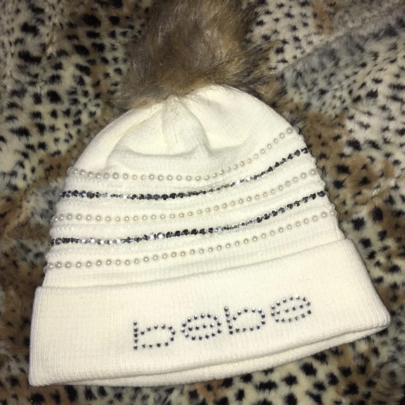 bebe Accessories - Bebe beanie winter knit hat rhinestone pom white